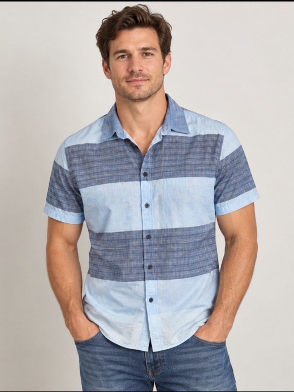 Express Blue Striped Short Sleeve Button Up Shirt Size L 100% Cotton